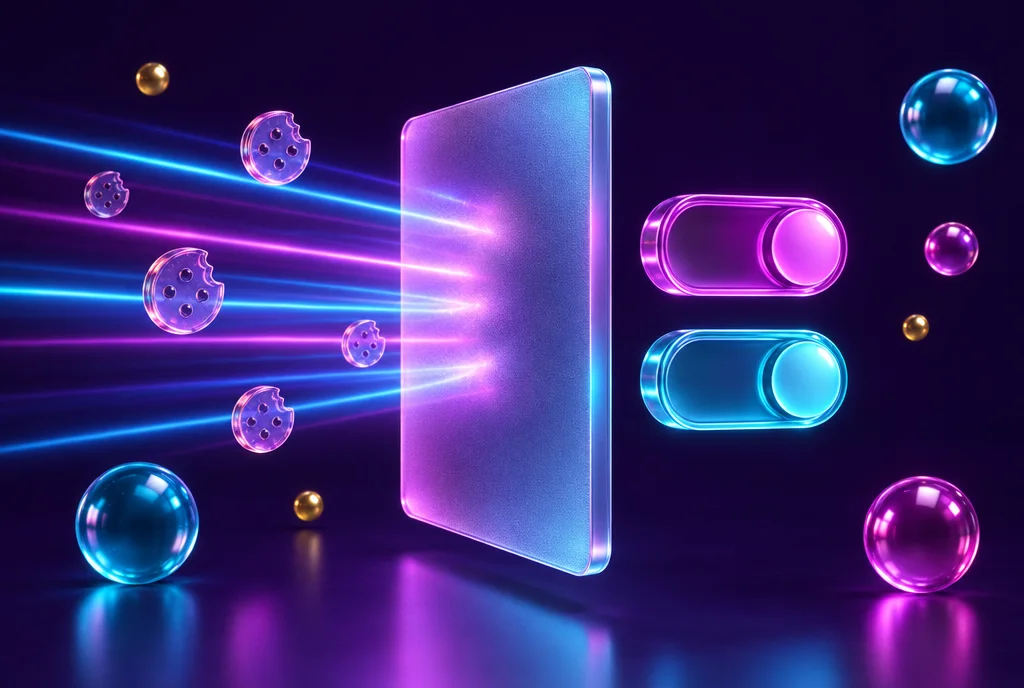 Стъклен панел за съгласие с два еднакви превключвателя, който спира лъчите на проследяващите скриптове, докато посетителят избере
