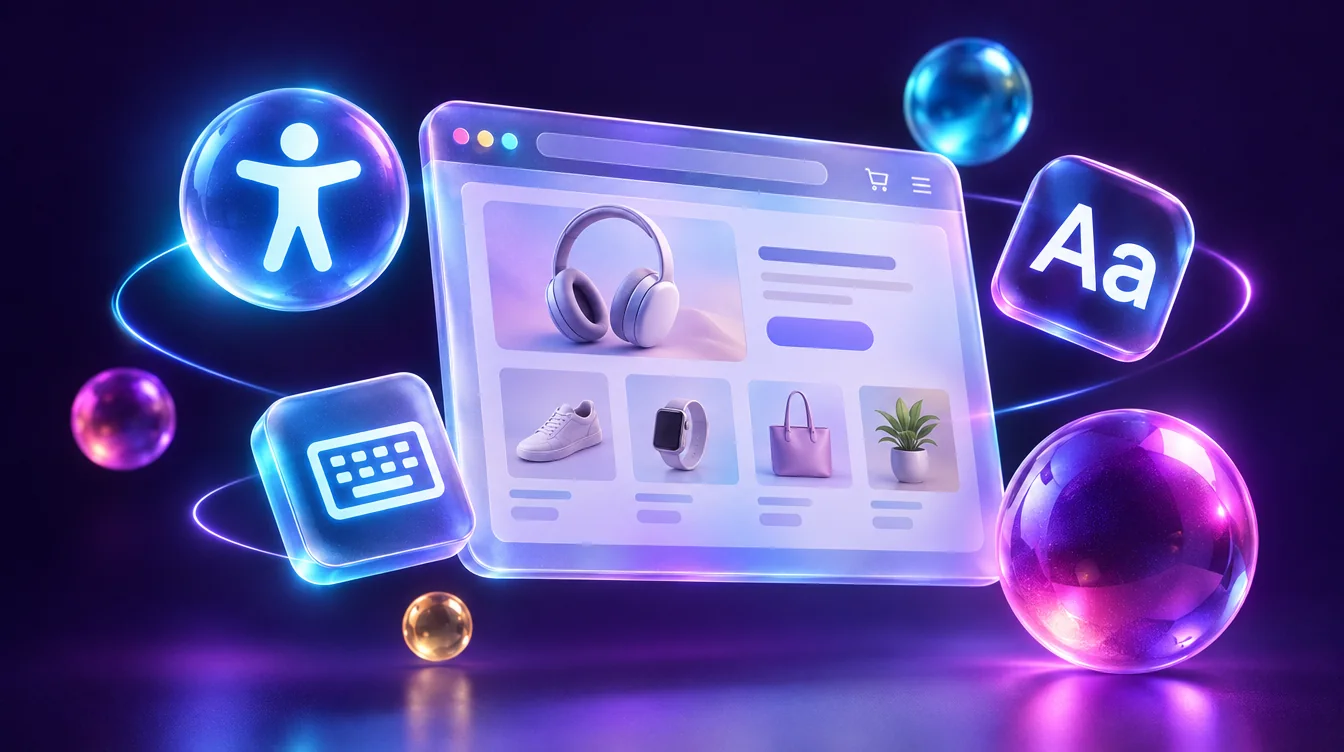 Glass browser window of an online shop orbited by accessibility symbols