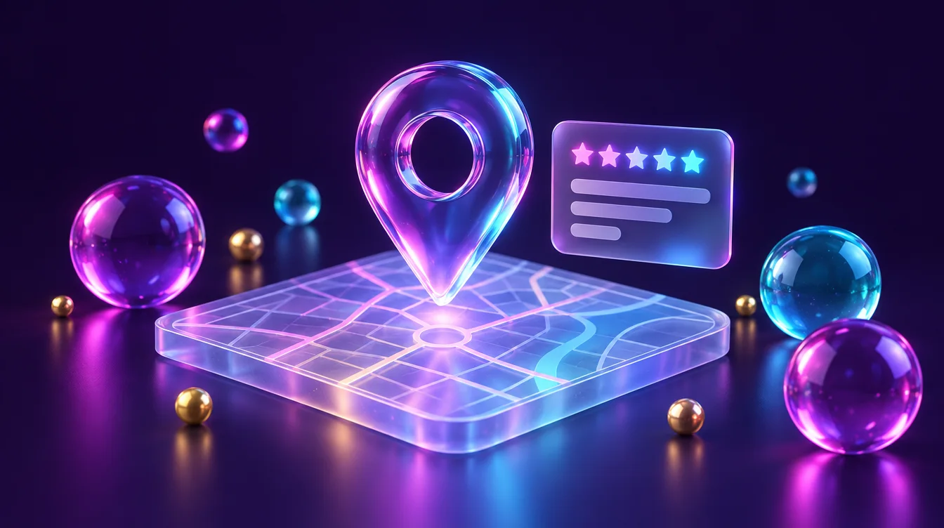 A glossy glass map pin floating above a glowing glass city map next to a panel with rating stars