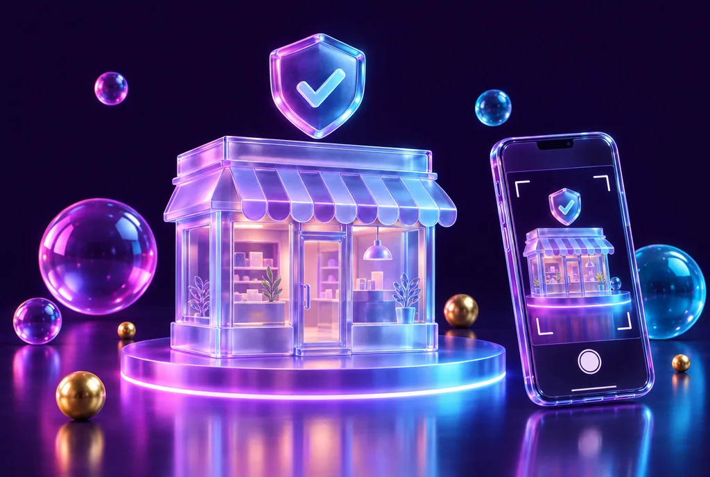 A glass storefront model with a verification shield above it and a smartphone filming the shop