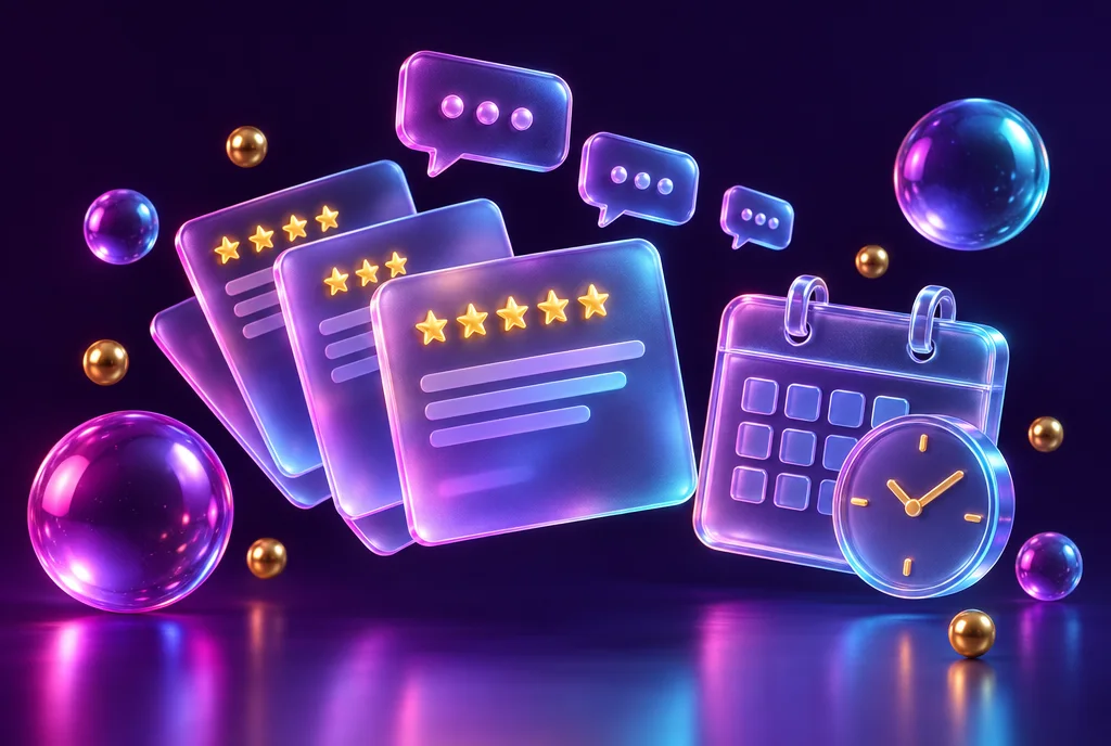 Floating glass review cards with gold stars next to a glass calendar and clock