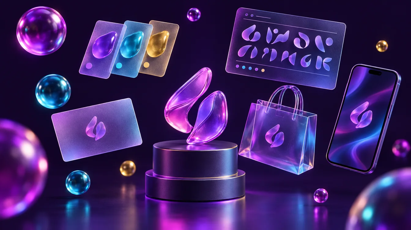 A glass logo on a pedestal surrounded by floating colour swatches, a type specimen, a business card, a shopping bag and a phone that all carry the same mark
