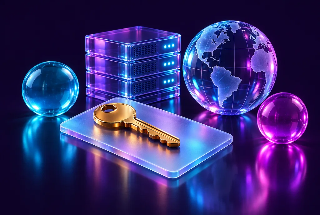 A gold key on a frosted glass keycard next to a glass server block and a glass globe, symbolising ownership of the domain, hosting and code