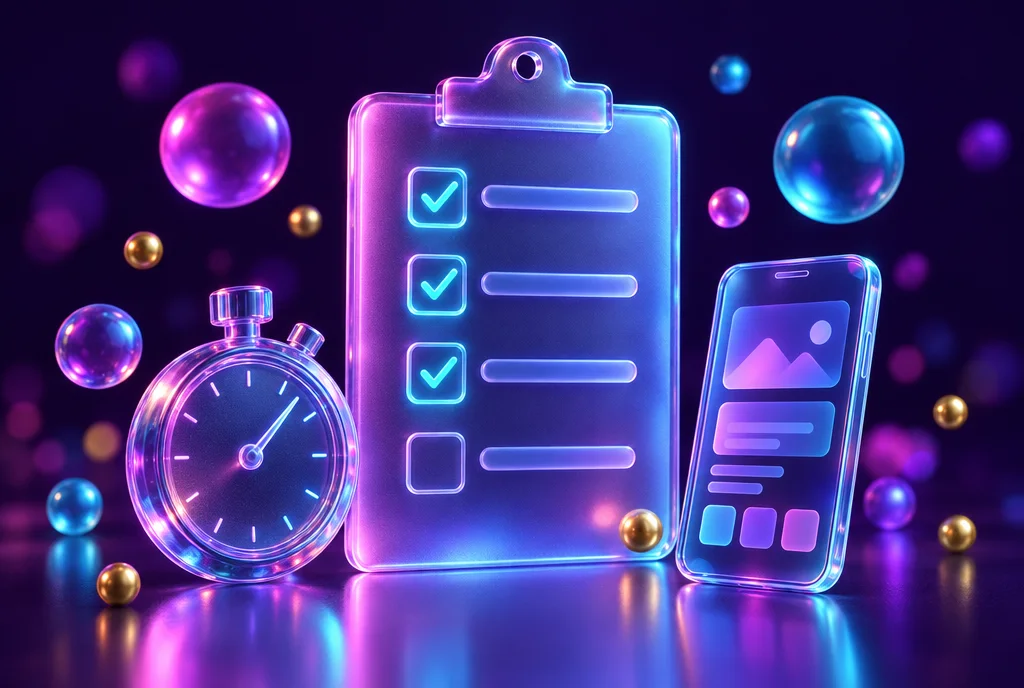 A frosted glass clipboard with glowing ticked checkboxes next to a glass stopwatch and a smartphone