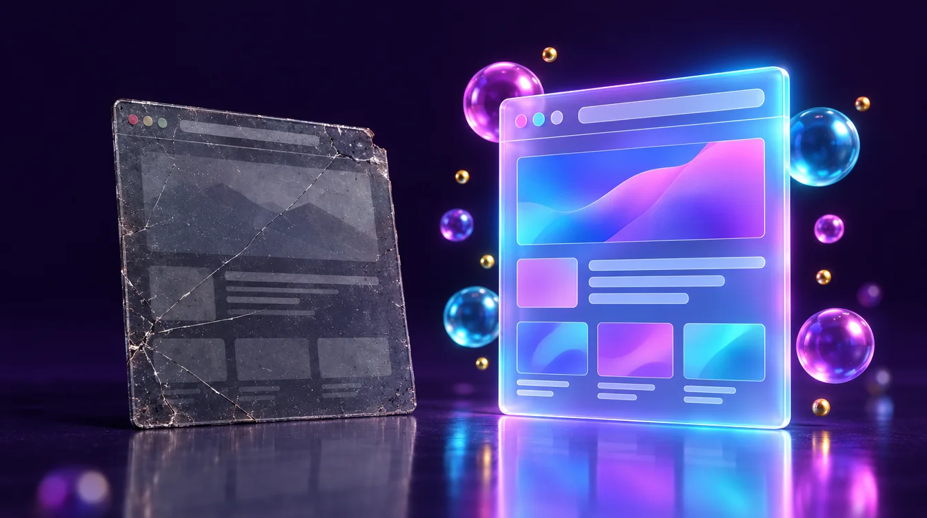 An old cracked glass browser window next to a fresh glowing glass browser window on a violet background