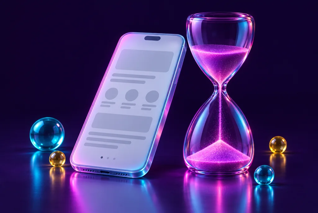 A glass smartphone showing a blank loading screen next to a glass hourglass with glowing pink sand