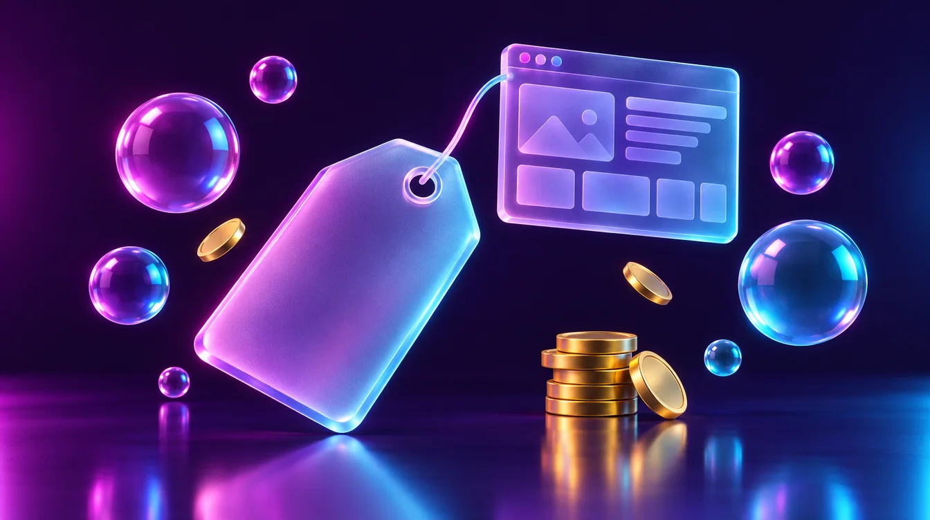 Frosted glass price tag tied to a glass browser window, with gold coins and glowing glass spheres on a violet background