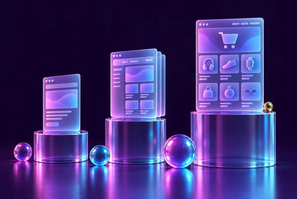 Three frosted glass website panels on pedestals of rising height: a one-page site, a multi-page site and an online shop