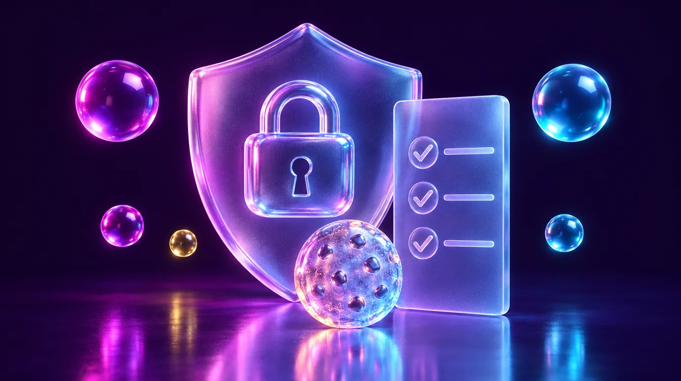 A glass shield with a padlock, a checklist panel and a glass cookie on a deep violet background