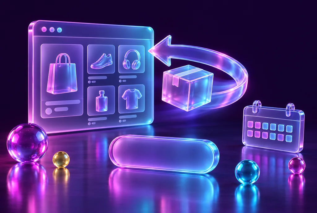 A glass parcel travelling back along a glowing return arrow to an online shop panel with a large withdraw button