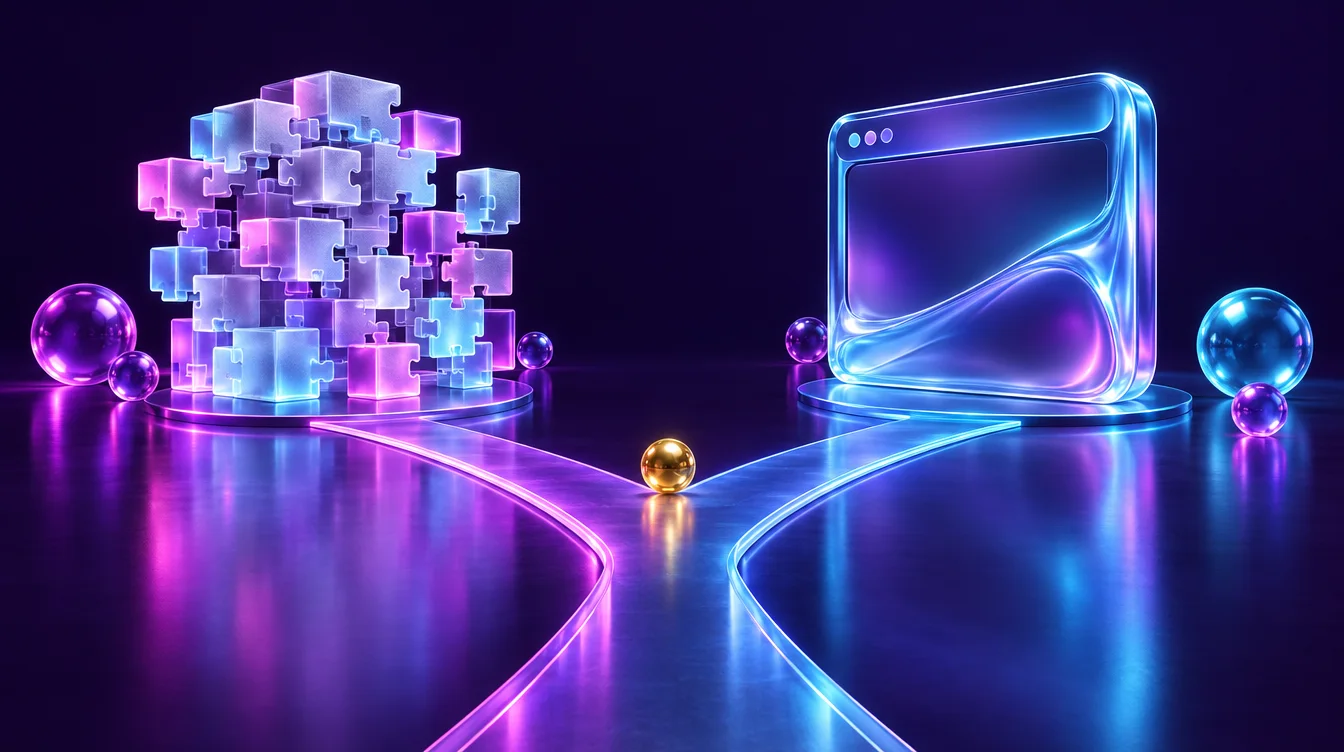 Two glowing paths splitting towards a structure of glass puzzle blocks and a single seamless glass website frame
