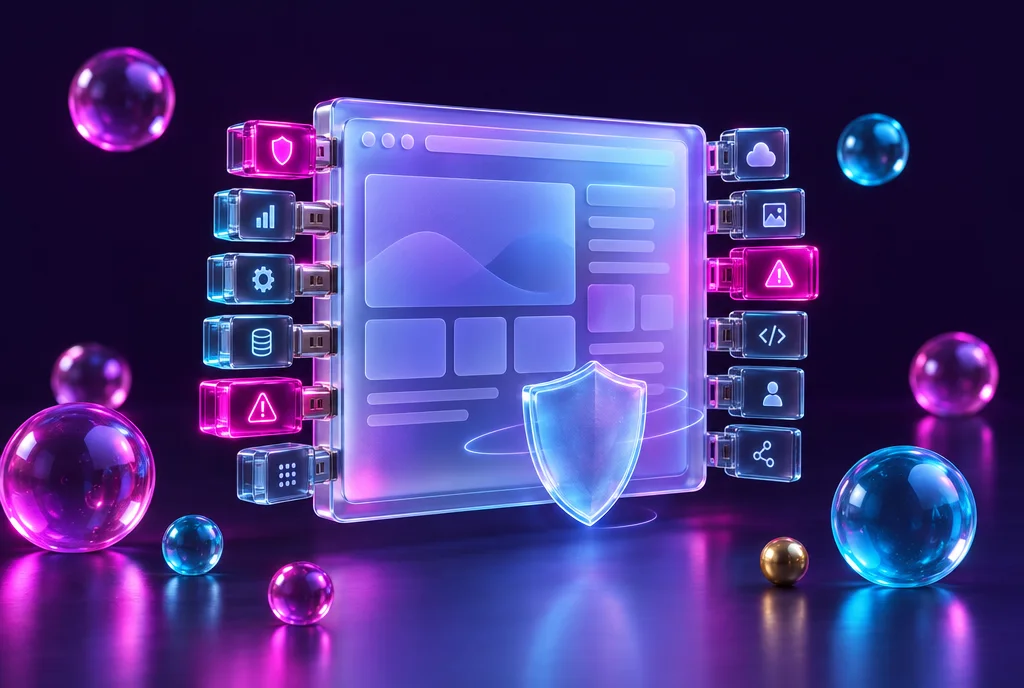 A glass website panel with many plug-in modules attached, a few glowing as warnings, protected by a small glass shield