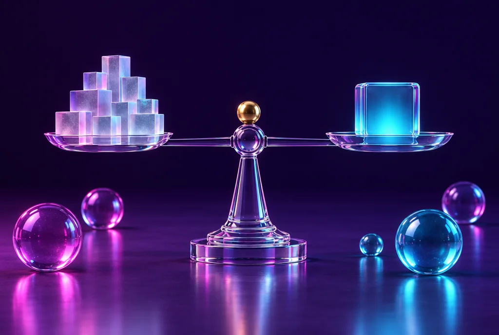 A glass balance scale weighing a stack of small building blocks against a single polished glass cube